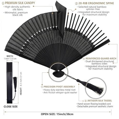 Japanese Folding Hand Fan for Women - Bamboo Silk Handheld Foldable Fan with Tassel & Pouch for Hot Flashes, Rave, Church, Gift,Wedding - Whisper-Quiet, Purse Size (Bamboo Black) - color: Bamboo Black