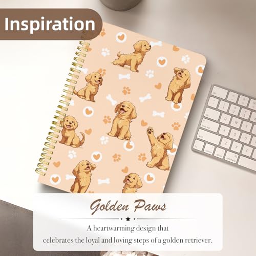 Cute Spiral Notebook Lined Journal B5 Note Book with Pocket, Dogs - color: Gold Dog