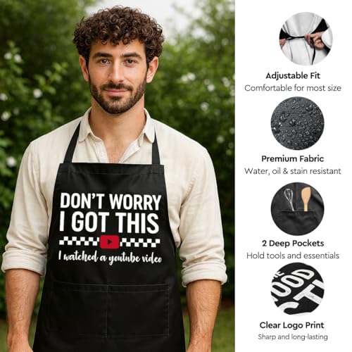 Funny Black Grill Apron with Pockets for Man,Dad,Husband,Father in Law,Chef Daddy Grilling Apron BBQ Cooking Gifts - color: I Watched Youtube