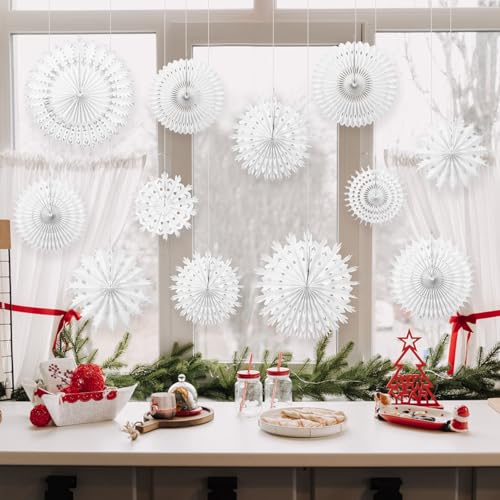 NOVWANG Snowflakes Hanging Decorations, 12Pcs White Paper Fans - style: Snowflake