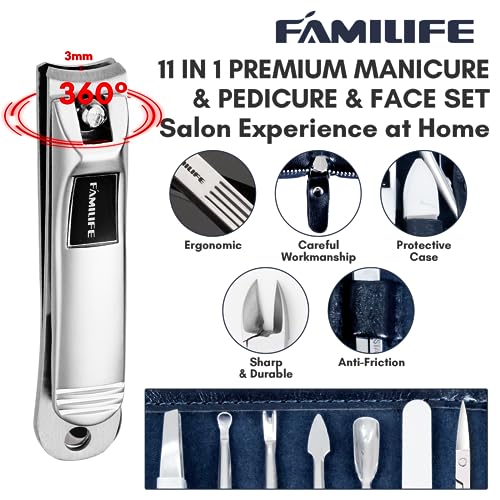FAMILIFE Stainless Steel Manicure Set 11-in-1 Professional Nail Clipper Kit - color: Navy Blue