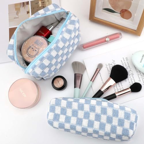 EIMMBD Makeup Bag 3 Pieces Large Capacity Checkered Cosmetic Bags Travel Toiletry Bag Organizer Cute Makeup Pouch Storage for Women(Blue) - color: Blue