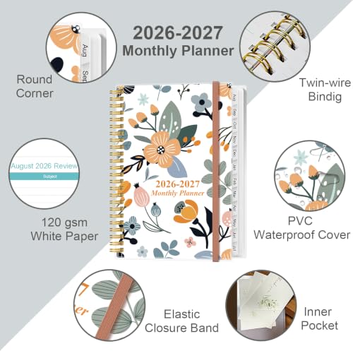 2026-2027 Monthly Planner - August 2026 - December 2027, Two Pages Per Month, 17 Monthly Calendar/Planner with Tabs, Inner Pocket, 6.4" x 8.5", Flower-B - color: Flower-B, size: 6.4" x 8.5"