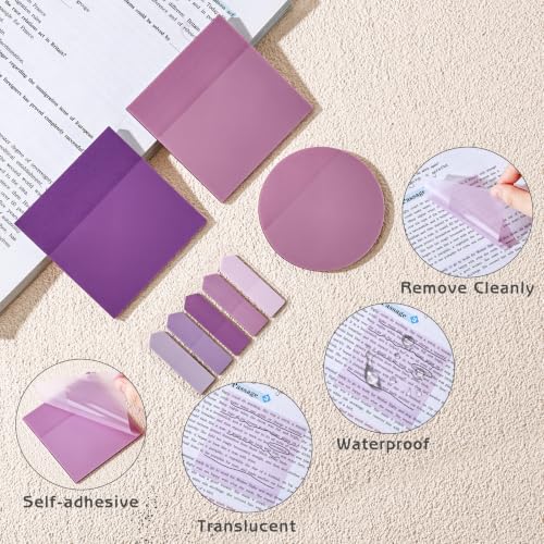 1450 Sheets Transparent Sticky Notes, 3 x 3 inch Aesthetic Clear Lined Sticky Notes with Pen, Gradient Color Waterproof Self-Adhesive Annotation Tabs for Bible Journaling (Purple) - color: Purple