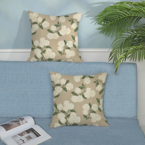 Spring Pillow Covers 18x18 Pack of 2 Green Beige Hydrangea Floral Decorative Throw Pillow Covers Outdoor Decoration Summer Seasonal Flower Pillowcase Farmhouse Linen Cushion Case for Home Sofa - color: Beige Hydrangea Floral-a, size: 18" x 18" (Pack of 2)