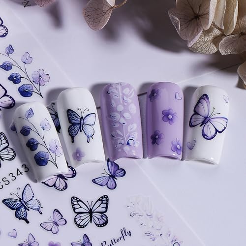 Butterfly Nail Art Stickers Decals 12 Sheets 3D Self-Adhesive Nail Decals Purple Blue Gradient Butterflies with Flower & Leaf Designs Stickers for DIY Manicure Acrylic Gel Nail Decorations for Women - style: Butterfly Flower