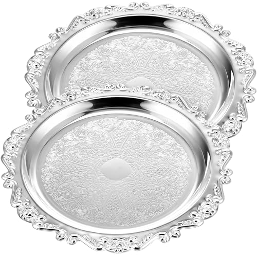 2 Pcs Silver Serving Trays 12 Inch, Vintage Floral Round Metal - size: 12 Inch