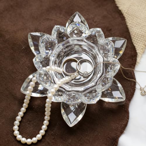 Crystal Lotus Jewelry Tray, 4.3" Floral Trinket Dish for Rings Earrings, Decorative Vanity Dresser Nightstand Organizer, Elegant Gift for Women (Clear) - size: 4.4"(w) - Clear