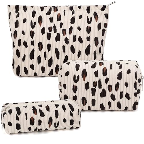 3 Pcs Makeup Bag Cosmetic Bag Set for Girls Women Travel Organizer Bathroom Toiletry Pouch Large Capacity Storage Bag (Leopard Beige) - color: Leopard Beige