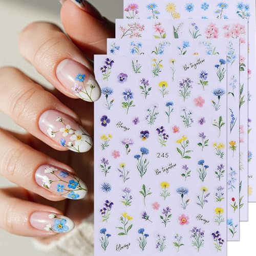3D Flower Leaf Nail Stickers 12 Sheets Self-Adhesive Floral Decals for Nail Art Summer Wildflowers Blossom Leaves Design Manicure Decorations DIY Plants Sliders Nail Art Accessories for Women - style: Wildflowers