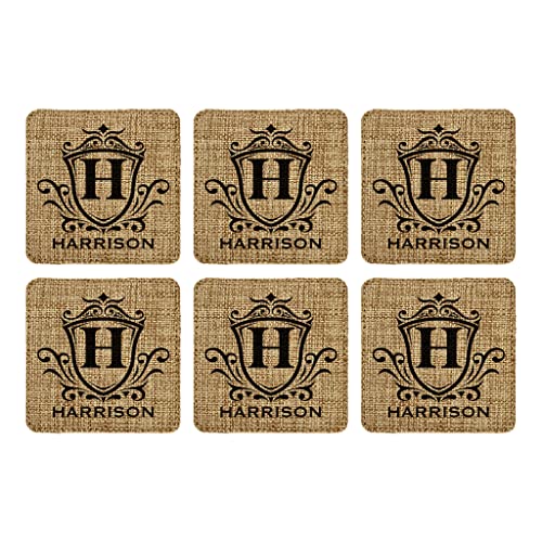 Smile Art Design Family Personalized Monogram COASTER Set of 6 with base Square Burlap Material Family Name Personalized Prints House warming Wedding Gift Dining Room Kitchen Rustic Decor Style4 - color: Style 04, size: Set of 6 - Square Coaster