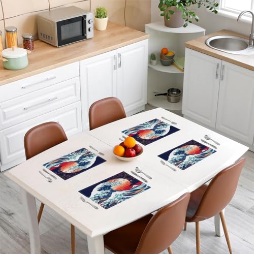 Feelyou Japanese Wave Placemats Set of 4 Cherry Blossoms Placemat for Kitchen Dining Table 18"x12" Fuji Mountain Home Decor Table Place Mats Red Sun Japanese Style Indoor Outdoor Decor Table Mats - color: Blue Red