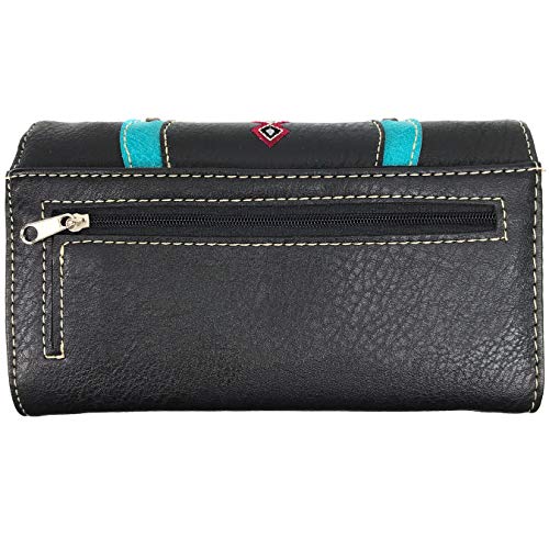 Zelris Turquoise Concho Peacock Feather Women Crossbody Wrist Trifold Wallet - color: Black