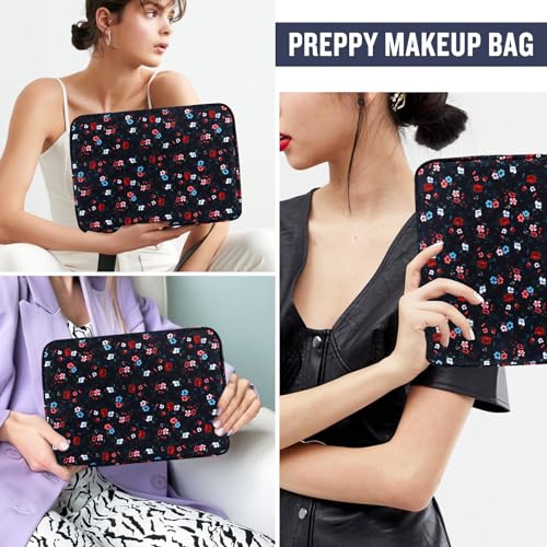 Nylon Large Floral Makeup Organizer Bag, Preppy Big Cute Flower Cosmetic Zipper Pouch Multi-compartment with Dividers, Waterproof Toiletry Makeup Brushes Travel Essentials for Women(Navy Blue-Flower) - color: Navy Blue-Flower, size: Large