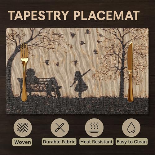 DaDalogy Farmhouse Rustic Dining Placemats - Set of 4 Tapestry Woven Cotton Halloween Kitchen Table Mats Fall Silhouette Decor - Family Cozy Cabin Orange Tan Black Decorative - 13” x 19” - color: Autumn Family Blessing