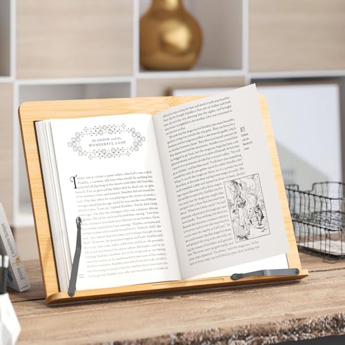 Bamboo Book Stand, Adjustable Reading Holder with Page Clips, Portable Lightweight Desk Stand for Textbooks, Cookbooks (Large)