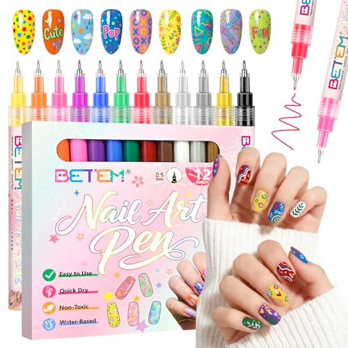 Betem Nail Art Pens Set, Fine Tip 12 Colors Nails Art Markers Non-Toxic, Quick-drying Nail Polish Pens, Acrylic Nail Kit for Home & Salon DIY, Easy French Manicure Tool, Gifts for Mom, Friends
