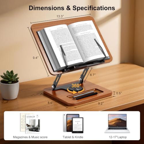OPTIXCELL Book Stand for Reading, 360° Rotating Book Holder, Page Clips - style: Book Stand
