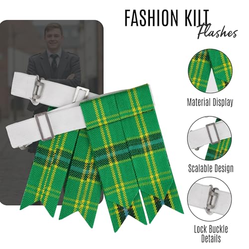 EZE Kilt Flashes for Men with Heavy Buckle Adjusters, Plain & Tartan Kilt Sock Flashes Acrylic Wool - color: American Green