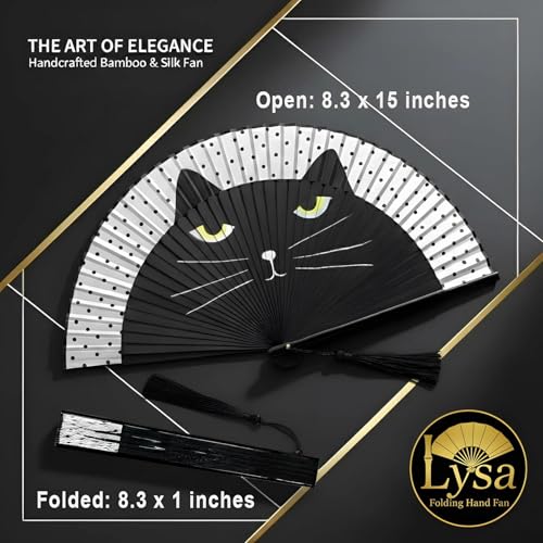 Lysa Hand Fan for Women Foldable - Portable Folding Japanese Chinese Fan - for Hot Flashes, Summer Cooling, Festivals, Church, Dancing (Black Cat) - color: Black Cat