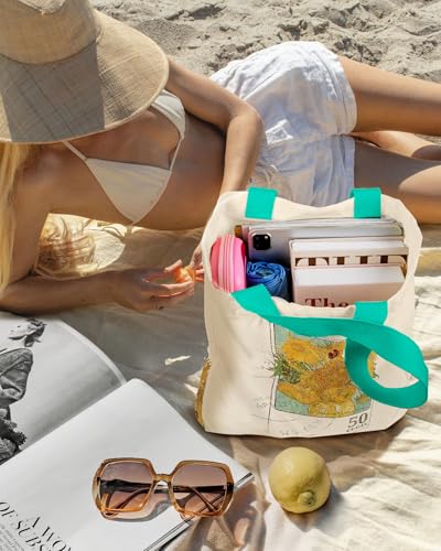 Miss Adola Aesthetic Heavy Canvas Tote Bag - with Pocket for Women Large Size 14''×16''×3.5'' Cloth Cotton Bags for Shopping - color: Green Sunflower