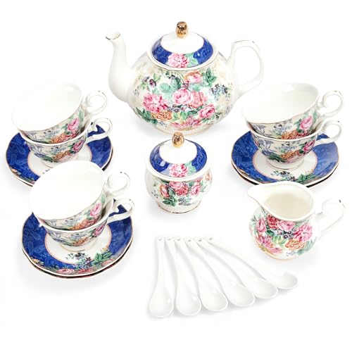 fanquare 21-Piece Blue Lace Porcelain Tea Set, China Coffee Cup and Saucer Set for 6, Pink Flower Tea Sets for Adults Women - color: Light Pink