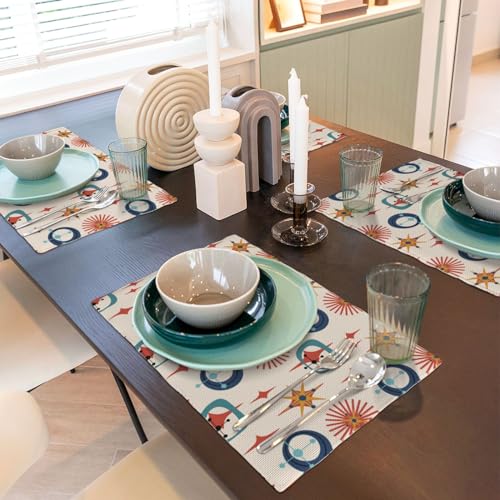Mid Century Modern Place Mats Set of 4 Abstract Style Colorful Geometric Atomic Star Linen Placemats for Kitchen Dining Room Holiday Washable Quick Dry - color: Atomic-1, size: 12x18"Placemats x4