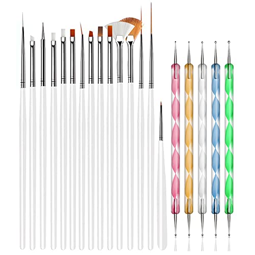 20pcs Nail Art Design Tools, 15pcs Painting Brushes Set with 5pcs Dotting Pens, WHITE … - color: White Brushes with Dotting Pens