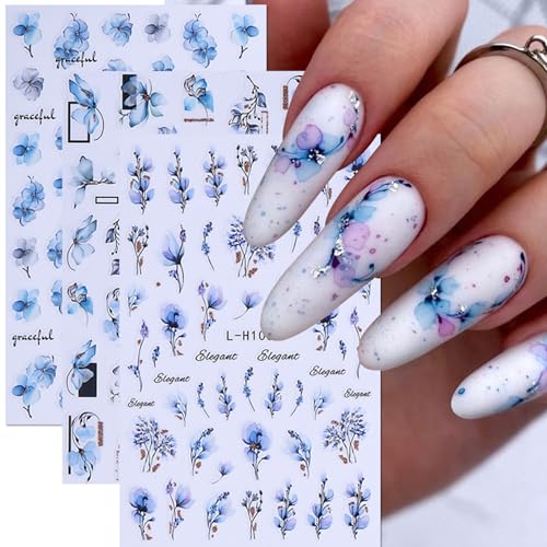 Ink Flower Nail Art Stickers 12 Sheets 3D Self-Adhesive Nail Decals with Tweezers Watercolor Floral Leaves Stickers Charming Blossom Flowers Designs Nail Art Supplies Manicure Accessories for Women - style: Watercolor Flower Styles