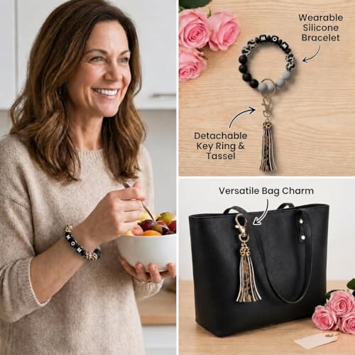 BIHRTC Key Ring Bracelet Car Keychain Holder Wristlet Silicone Women Beaded Bangle Chains - color: Mom Black Leopard