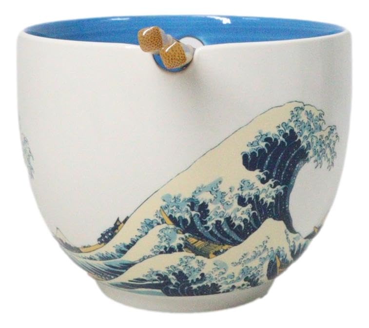 Ebros Gift Artistic Donburi Ramen Udon Noodles Soup Salad 5" D 18Oz Bowl With Bamboo Chopsticks And Built In Rest Set Asian Dining Kitchen Accent (Great Wave Of Kanagawa Hokusai) - color: Great Wave Of Kanagawa Hokusai