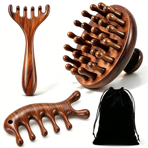 WOVTE 3 PCS Wooden Scalp Massager, Sandalwood Head Massager Scalp Comb
