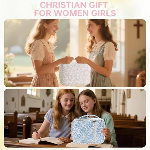 Large Bible Cover Case for Women, Large Floral Quilted Cotton Bible Carrying Cases Protective Bag with Handle and Zippered Pocket for Christian, Bible Study Supplies Christian Gifts (Pink Floral)