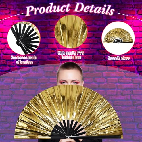 Vercraft 13" Folding Hand Fan Glitter Clack Rave Dancing,Gold,Laser - color: Gold, style: Laser