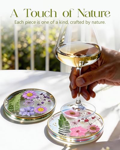 Oqplog Resin Drink Coasters for Desk Coffee Table-Pink&Purple Dried Flowers Round Shape Cup Coasters Set of 2 for Work Office Home Outdoor Decor Gifts for Girls Women - color: Pink&purple 2pcs