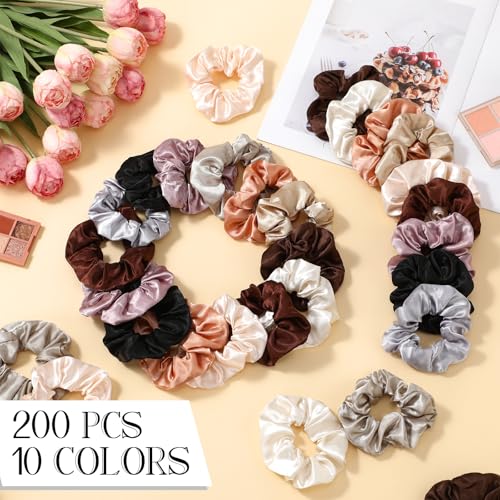 Hoteam 200 Pcs Satin Hair Scrunchies Bulk Ponytail Holders, Brown - color: Brown