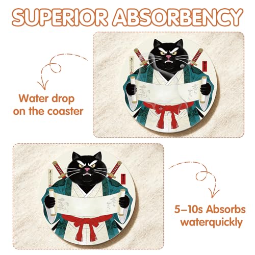 Funny Cat Coasters Set of 6, Japanese‌ Anime Cat Round Ceramic Drink Coasters with Holder Cork Backing Absorbent Coffee Table Protection, Christmas House Warming Gifts - color: Japanese Cat
