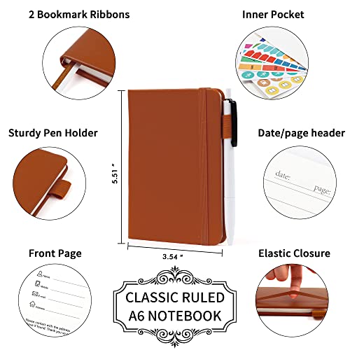 feela 6 Pack Pocket Mini Notebooks Bulk, Small Cute Memo Notepads Hardcover College Ruled Lined Journals with Pen Holder for School Business Work, with 6 Black Pens, 3.5”x 5.5”, A6, Brown - color: 6 Brown