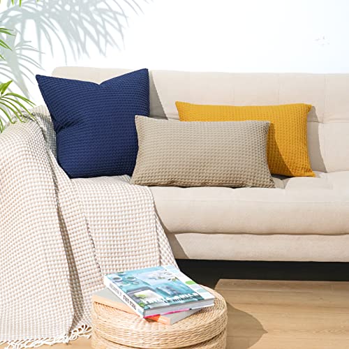 PHF Cotton Waffle Lumbar Pillow Covers 12" x 20", Khaki, No Insert - color: Khaki, size: 20" X 12" (Pack of 2)