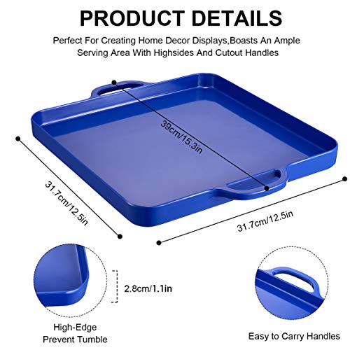 Square Serving Trays with Handles Melamine Dark Blue 12.5x12.5 Inch Spill Proof Kitchen Eating Trays Set of 2 for Cafeteria Cafe Food Appeizer Dessert Snack Dinner Lunch Breakfast,TR15-02 - color: Dark Blue