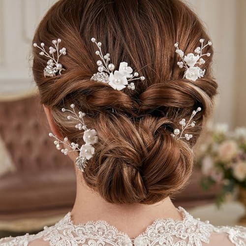 Handmade Pearl Bridal Wedding Hair Pins 6Pcs White Ceramic Flowers Gold Leaf Pearls Clips Wedding Hair Accessories for Women Brides Bridesmaid (Silver) - color: Silver