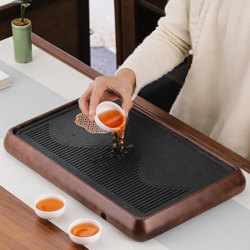 Wooden Chinese Tea Tray15 x 10 x 2 inches，Japanese Tea Serving Tray, Gongfu Tea Table Set with Reservoir Type Water Storage Box