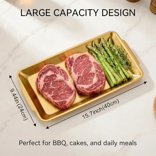 3-Piece Gold Serving Trays, 304 Stainless Steel Heavy Duty Rectangular Platters, 15.7 Inch Metal Food Server Set, Chip & Scratch Resistant, Rustproof Commercial Grade for Party Home (Gold) - color: Gold, size: 15.7''×9.5''