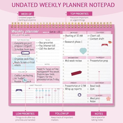 Thboxes Weekly Desk Planner, 52 Sheets, 8.5x11 In To Do List Notepad, Pink - color: Rose Pink Without Date