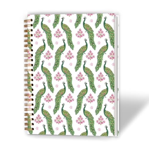 Indian Block Print Inspired Peacock Floral Spiral Notebook 5.5x8.3, Peacock Lovers Gifts Journal for Women, Spring Green and Pink Floral Aesthetic Hardcover Notebook Journal - color: Color_9