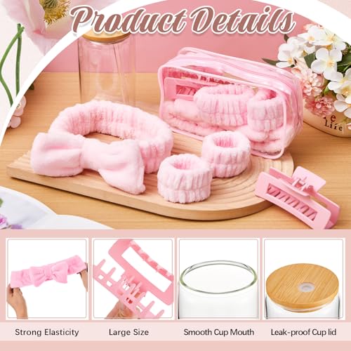 FoldTier 8 Set Spa Sleepover Party Supplies for Girls Include 16oz Glass Cups Headbands, Wristbands, Hair Claw Clips and Clear Cosmetic Bag for Women Slumber Weekend Bridesmaid Party Gifts (Pink) - color: Pink