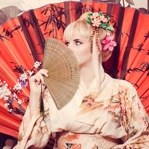 SEWACC Bamboo Silk Folding Fan Handheld Vintage Asian Style Fan with Tassel for Dance Performance Daily Use