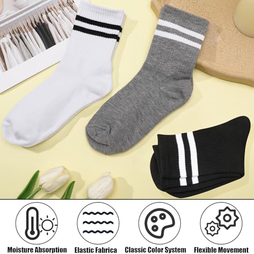 Womens White Crew Socks 6 Pair Striped Trim Casual Crew Socks - color: Black, White, Gray