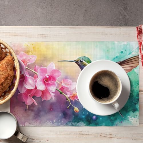 Watercolor Hummingbird Print Placemats Set of 4 12x18 Inch - color: Pink, size: Set of 4