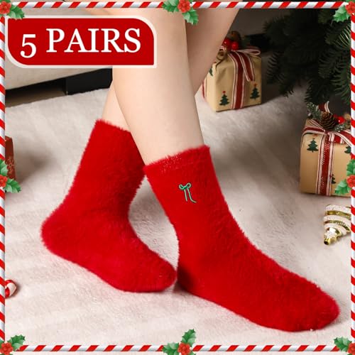 Geyoga 5 Pairs Fuzzy Bow Socks for Women Fluffy Slipper Gift - color: Red Green